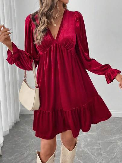 Women Red Velvet Short Dress For Christmas Party