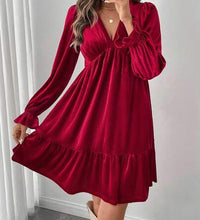 Women Red Velvet Short Dress For Christmas Party