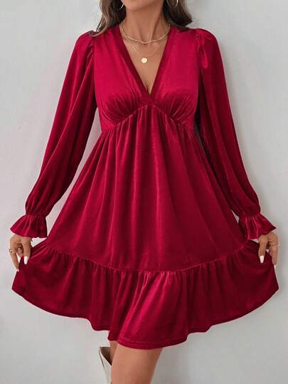 Women Red Velvet Short Dress For Christmas Party