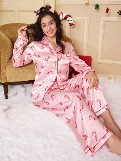 Christmas Candy Cane Pattern Pajama Set For Women