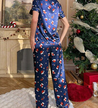 Christmas Cartoon Santa Hat, Socks, Candy Cane Printed Faux Silk Pajama Set