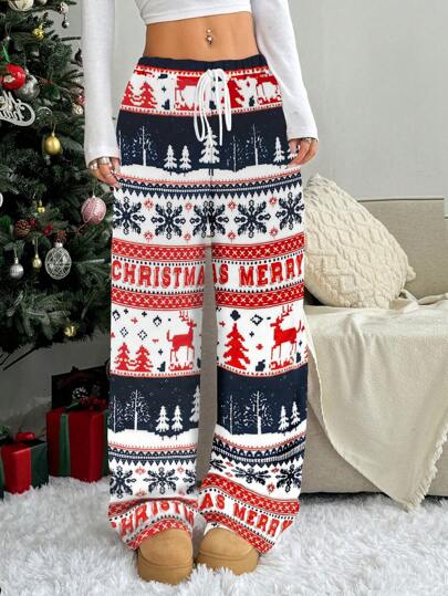 Christmas New Plush Graphic Print Comfortable Women Loose Straight Leg Pants